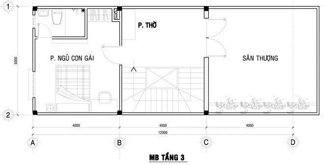 Bản vẽ thiết kế tầng 3 - Mẫu thiết kế nh&agrave; 4x20m 3 tầng si&ecirc;u đẹp