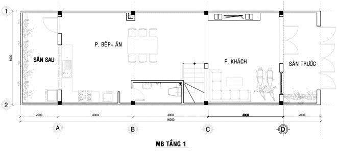 Bản vẽ thiết kế tầng 1 - Mẫu thiết kế nhà 4x20m 3 tầng siêu đẹp
