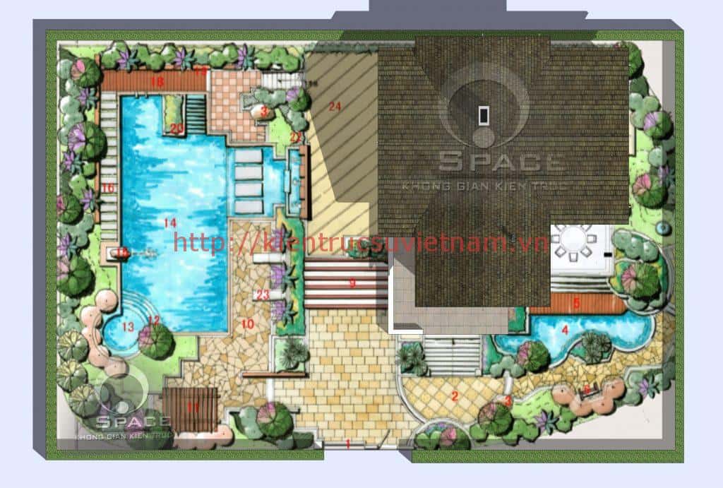 mat bang nha vuong 1 tang 1024x691 - Mặt bằng kiến trúc nhà vườn 1 tầng đẹp