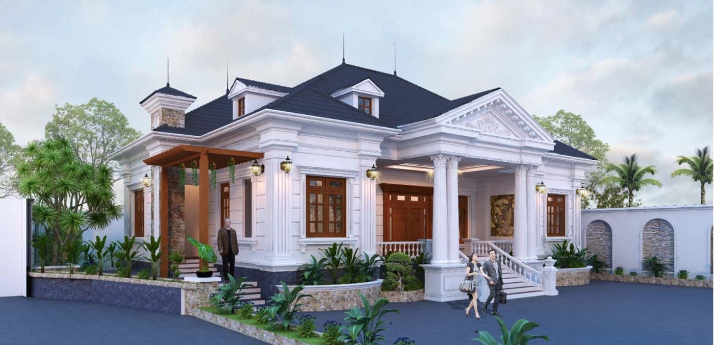 biet thu 1 tang tan co dien dep 1400x676 - Công trình biệt thự 1 tầng tân cổ điển mái thái đẹp