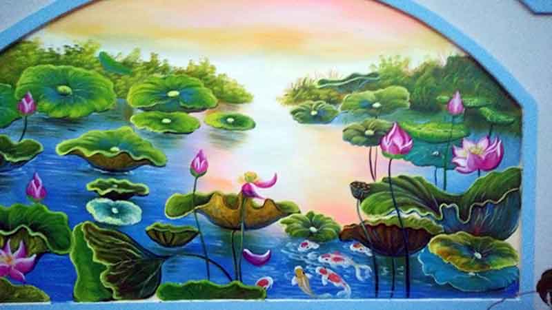 ve tranh tuong hoa sen dep - 50 Mẫu Vẽ Tranh Tường Hoa Sen đẹp ấn tượng nhiều người yêu thích