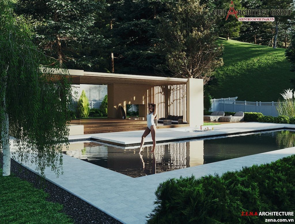 thiet ke biet thu o California my 3 - Thiết kế biệt thự kiểu Mỹ có sân vườn hồ bơi đẹp