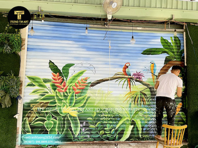 ve tranh tren cua cuontranh hoa la nhiet doi tropical 2 scaled 1 - Gợi ý những mẫu vẽ tranh cửa cuốn đẹp bắt mắt nhất hiện nay
