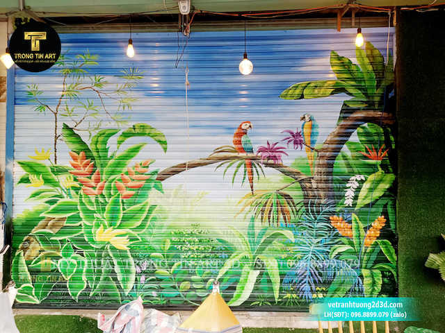ve tranh tren cua cuontranh hoa la nhiet doi tropical 3 - Gợi ý những mẫu vẽ tranh cửa cuốn đẹp bắt mắt nhất hiện nay