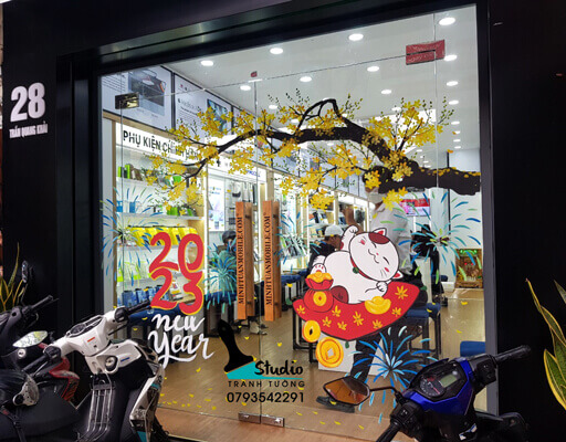 ve kinh tet shop cua hang di dong MInh Tuan studio tranh tuong1 - Vẽ tranh kính: Vẽ kính tết trang trí, vẽ trang trí cửa kính đẹp ấn tượng